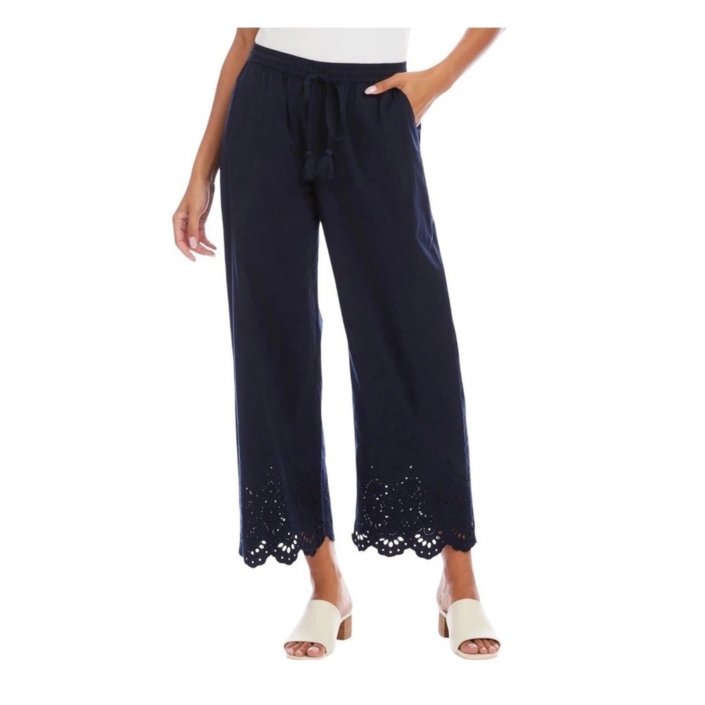 Cynthia Rowley Navy 100% Linen Crochet Hem Wide Leg Pull On Pants Coastal Preppy